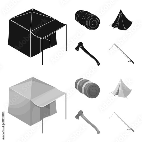Tent with awning, ax and other accessories.Tent set collection icons in black,monochrome style vector symbol stock illustration web.