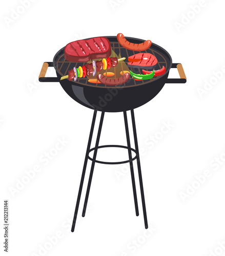 Roaster Grill with Meal Set Vector Illustration