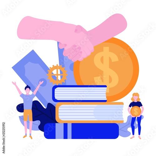 Flat business concept with man raising hands up and woman holding golden coin on the background of books pile, handshake dollar banknotes and golden coin, Vectotr illustration. photo