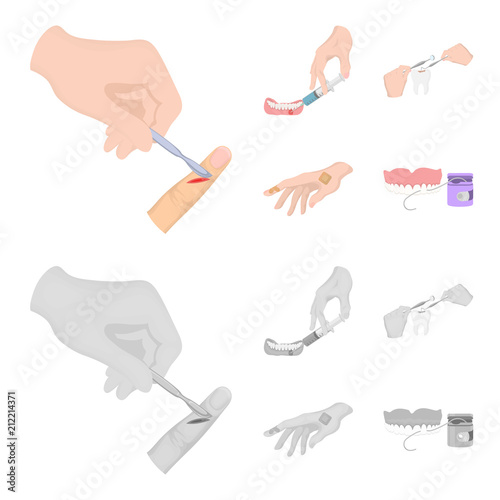 Anesthetic injection, dental instrument, hand manipulation, tooth cleaning and other web icon in cartoon,monochrome style.bactericidal plaster, medicine icons in set collection.