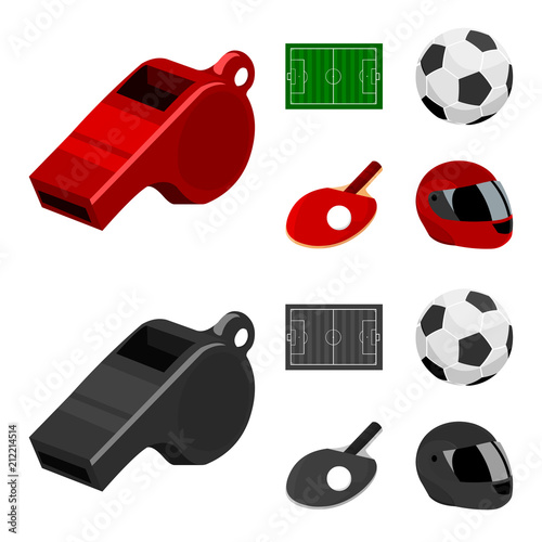 Field, stadium with markings for playing football, football ball, racket with a ball for ping-pong, protective helmet for the game,glove for baseball or rugby. Sport set collection icons in cartoon photo