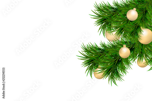 Merry Christmas and Happy New Year background with fir branches and christmas balls isolated on white background. Modern design. Universal background for poster  banners  flyers  card.