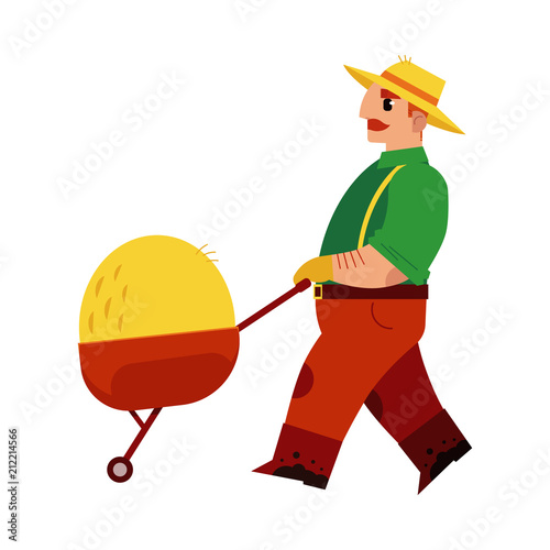 Farmer with wheelbarrow full of hay isolated on white background - male cartoon character in straw hat with harvest for eco-friendly farm and organic concept in flat vector illustration.