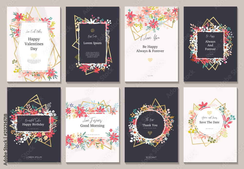 Beautiful banners with flowers and gold geometric elements. Frame templates. Vector illustration. - obrazy, fototapety, plakaty 