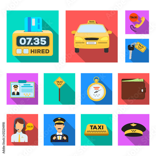 Taxi service flat icons in set collection for design. Taxi driver and transport vector symbol stock web illustration.