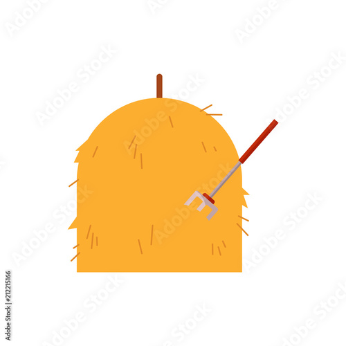 Haystack with pitchfork inside - pile of dry straw with agricultural equipment isolated on white background. Farm eco natural element of yellow stack of hay in flat vector illustration.