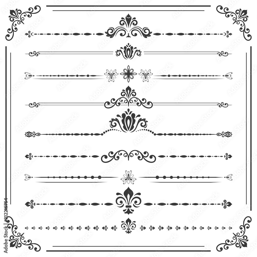 Vintage set of decorative elements. Horizontal separators in the frame. Collection of different ornaments. Classic black and white patterns. Set of vintage patterns