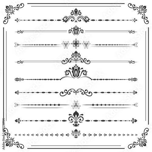 Vintage set of decorative elements. Horizontal separators in the frame. Collection of different ornaments. Classic black and white patterns. Set of vintage patterns