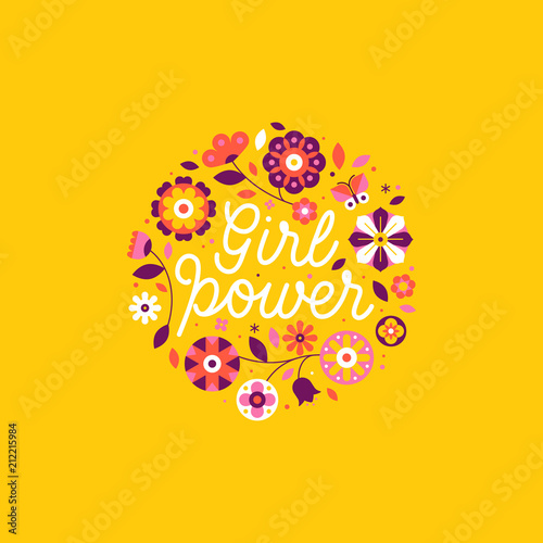 Vector illustration in simple style with hand-lettering phrase girl power  and flowers