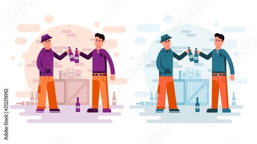Two city guys drinking beer from bottles listening to a boombox on the street. Flat cartoon style