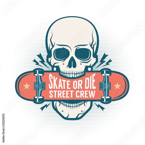 Skull holds a skateboard in his teeth - a logo in a street retro style