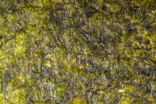 Dried seaweed sheet background. Closeup dry nori japanese food texture. top view