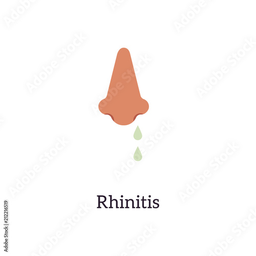 Runny nose as symptom of cold and flu or allergy in flat vector illustration - rhinitis disease simple symbol isolated on white background. Inflammation of nasal mucosa.