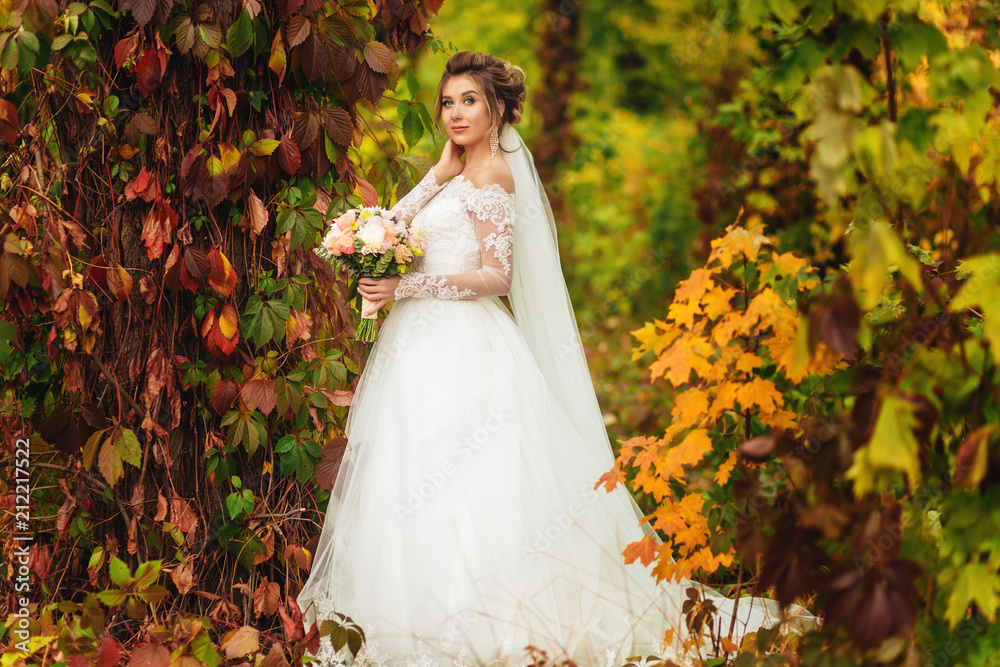 Luxury stylish young bride on the background autumn colourful forest Luxury stylish young bride on the background autumn colourful forest
