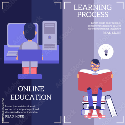 Education and learning process vertical banners set with cute flat cartoon characters of students studying online and reading big book. Vector illustration of back to school concept.