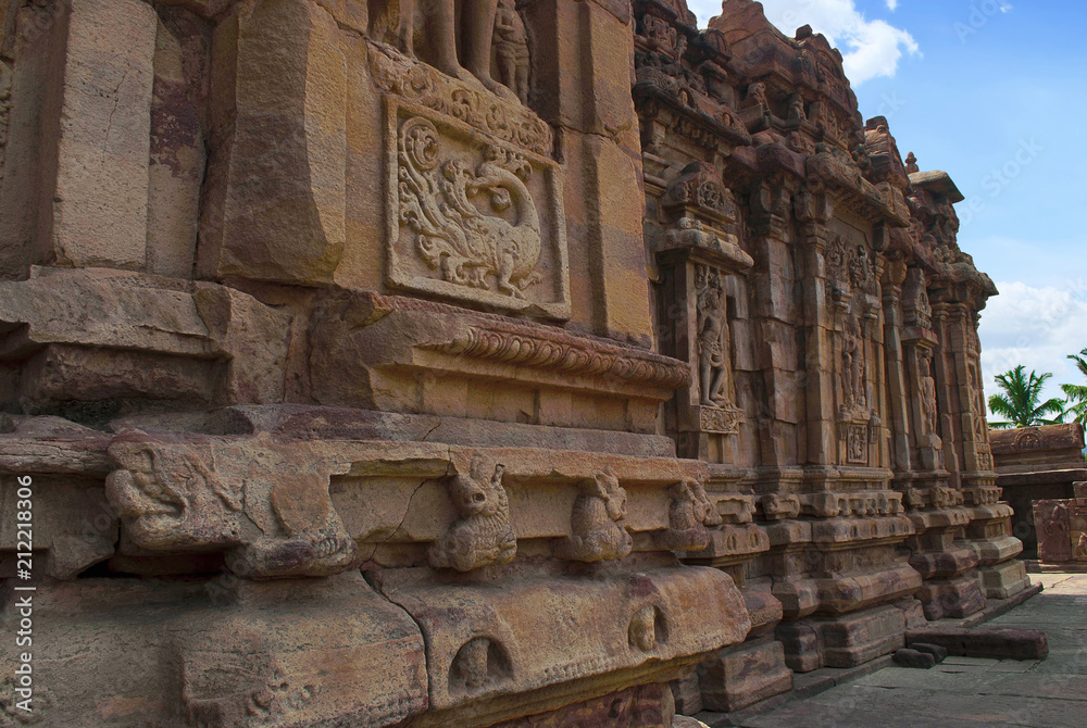 Exterior view of the northern walls. The Devakoshthas, Virupaksha temple, Pattadakal temple complex, Pattadakal, Karnataka. Northwest view. Northern mukha-mandapa is also seen.