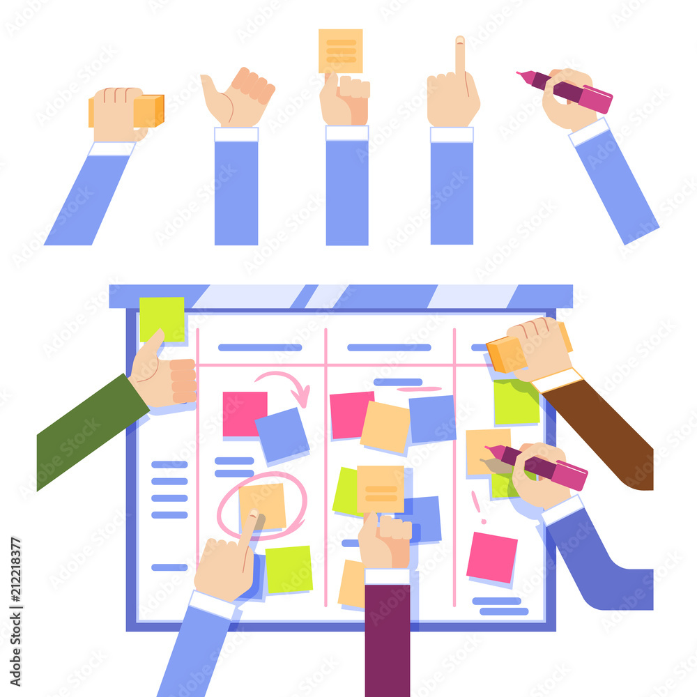 Scrum task board concept with human hands sticking colorful papers and writing on board isolated on white background - managing business project in flat vector illustration. Scrum task board concept with human hands sticking colorful papers and writing on board isolated on white background - managing business project in flat vector illustration.