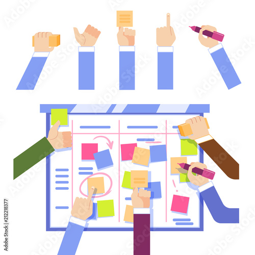 Scrum task board concept with human hands sticking colorful papers and writing on board isolated on white background - managing business project in flat vector illustration.