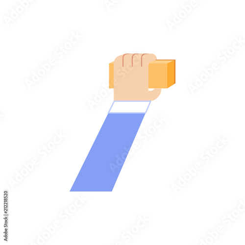 Human hand in business suit holding whiteboard eraser sponge isolated on white background - icon of wrist of businessman wiping marker sign on presentation in flat vector illustration.