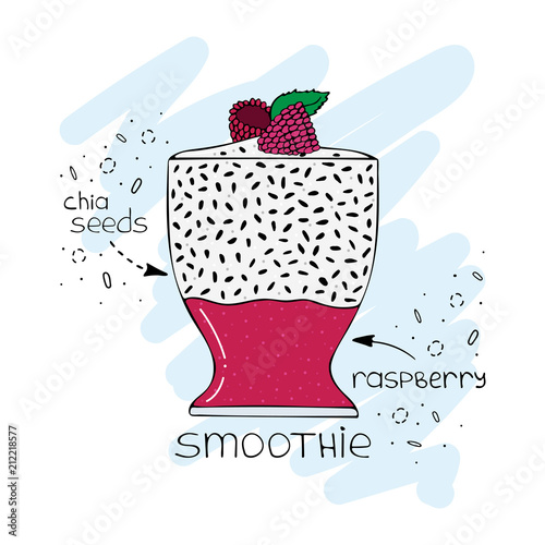 Hand-drawn illustration of superfood of a smoothie with chia seeds and raspberry.