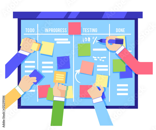 Scrum board concept with human hands sticking colorful papers and writing tasks on blue board isolated on white background - agile methodology to manage business project in flat vector illustration.