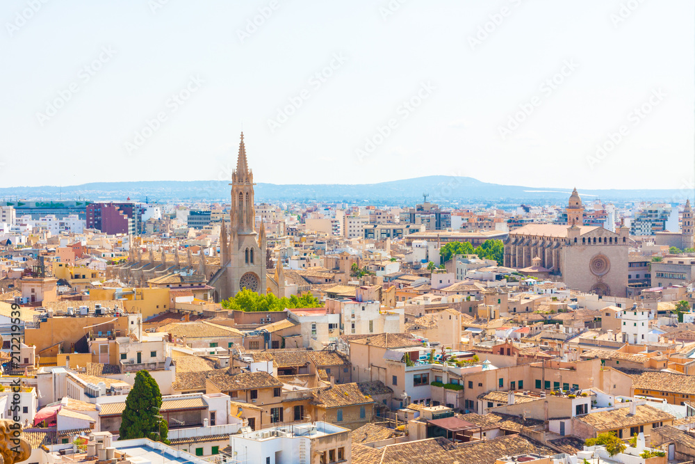 View over the rooftops and the Church of Santa Eulalia from  the terrace of the Cathedral of Santa Maria of Palma, also known as La Seu. Palma, Majorca, Spain
