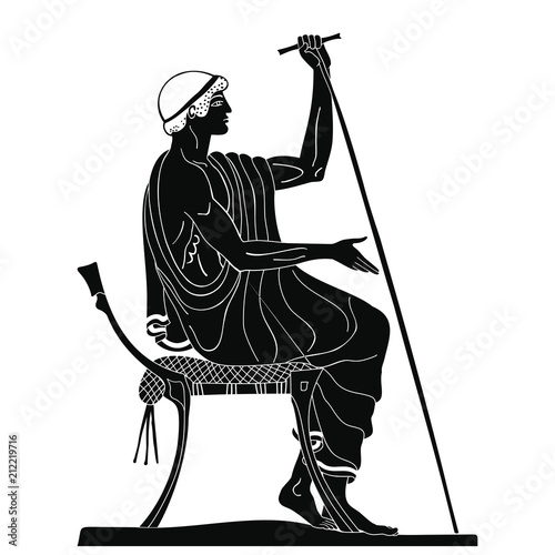 Ancient Greek man sits on a chair with a staff in his hand, speaks and gestures. Isolated black drawing on a white background.