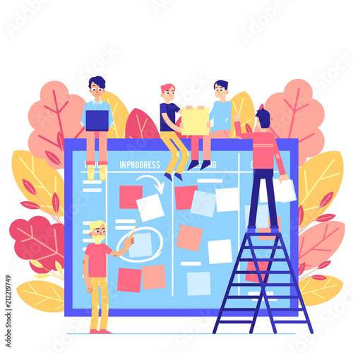 Scrum task board - big agile organizer with people sticking papers on it isolated on white background. Team work on project with daily planning process in flat vector illustration.