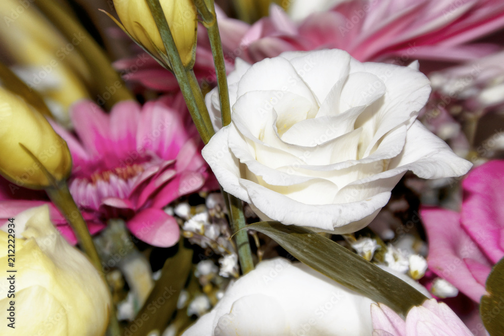 La bella rosa bianca spicca nel bouquet di fiori. La bella rosa bianca spicca nel bouquet di fiori.