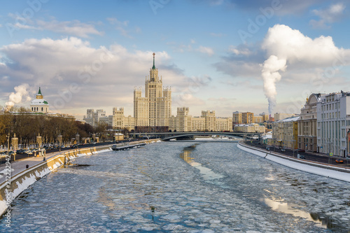 Sunset view from the "floating bridge" above Moskva river in the park "Zaryadye" near Red Square, Moscow, Russia.