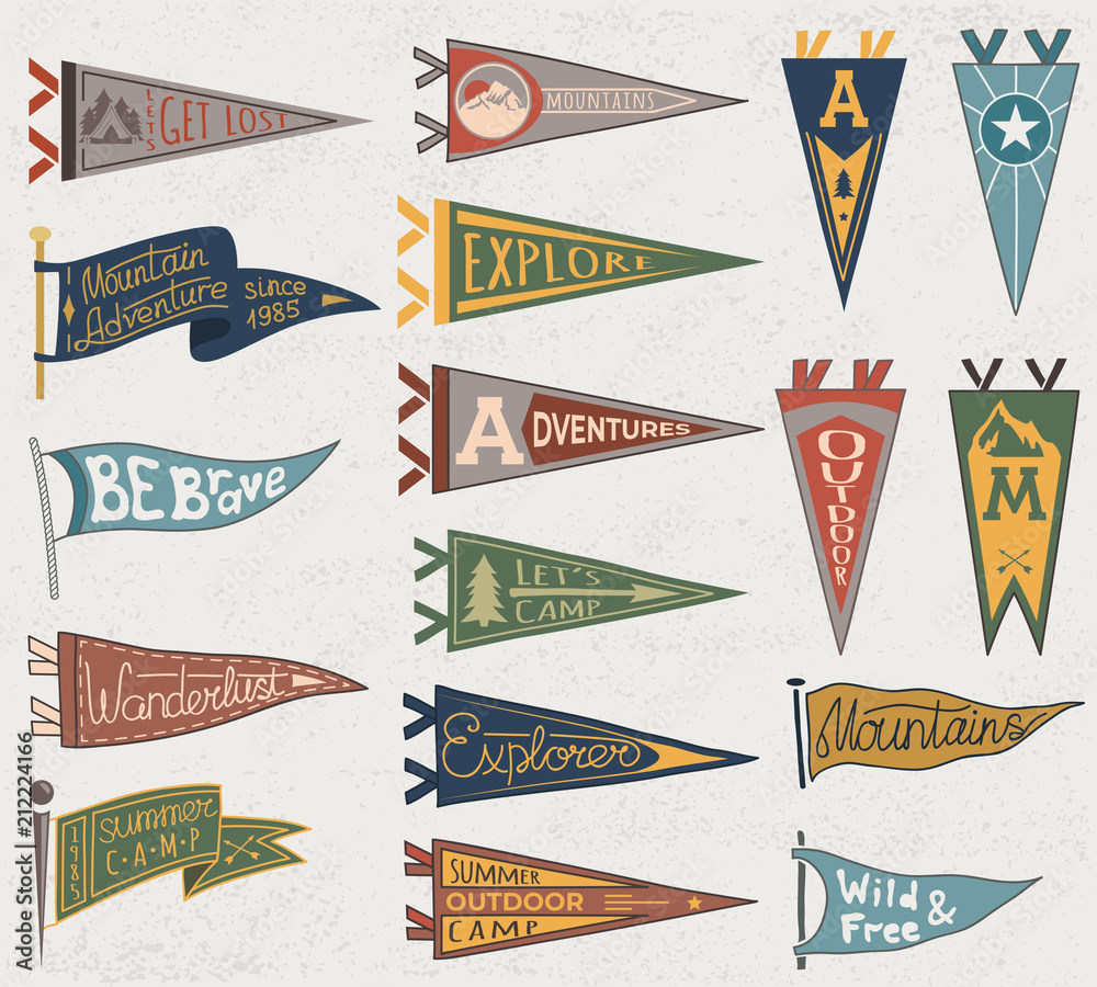 Fototapeta premium Set of adventure, outdoors, camping colorful pennants. Retro labels on textured background. Hand drawn wanderlust style. Pennant travel flags design