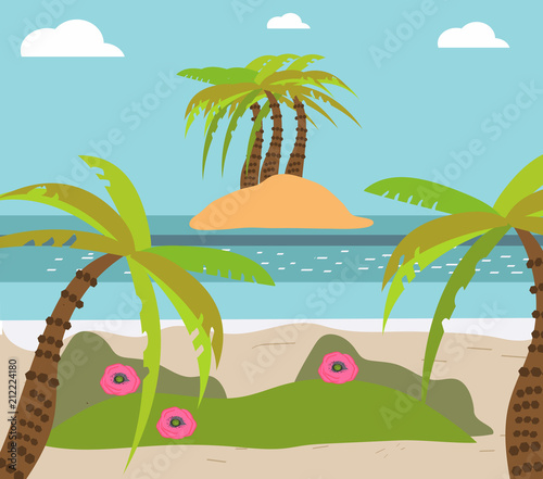 Palm and tropical beach  island  exotic flowers  flat vector