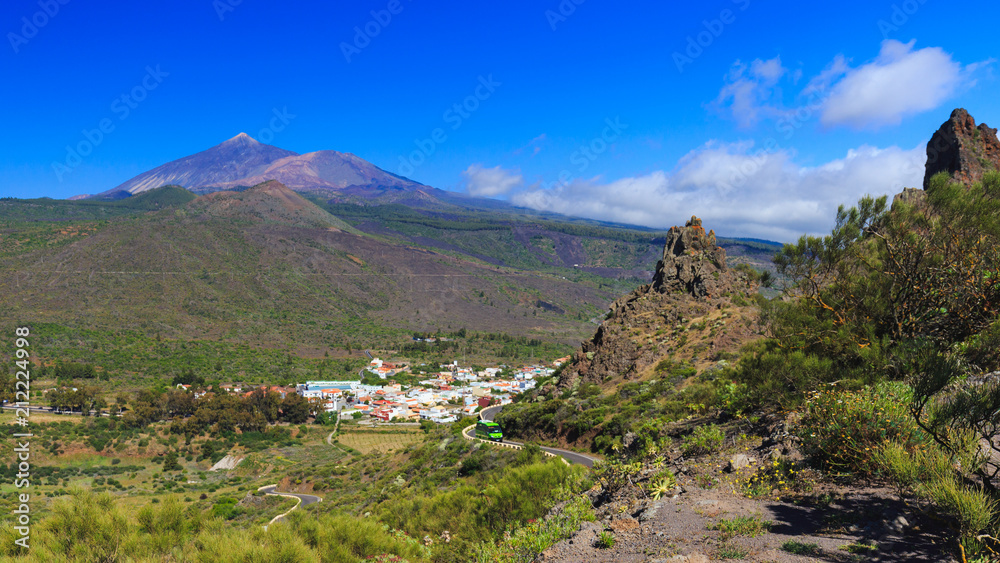 View on Santiago del Teide village and Pico del Teide volcano.