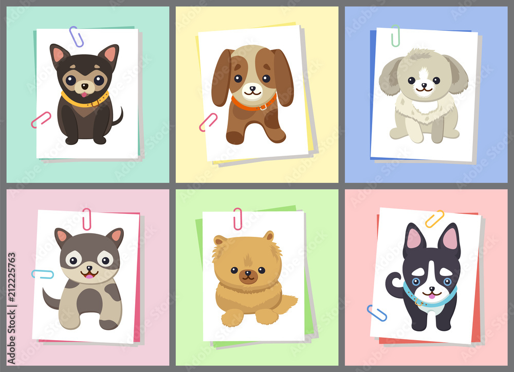 Puppies and Dogs Poster Set Vector Illustration Puppies and Dogs Poster Set Vector Illustration