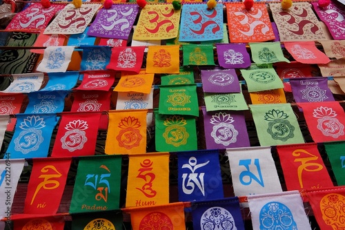 Rishikesh  India. Flags for sale in souvenir shop