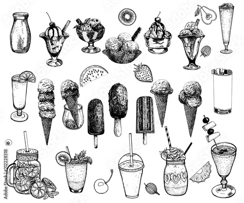 Set of hand drawn sketch style ice cream, smoothie and fruits isolated on white background. Vector illustration.