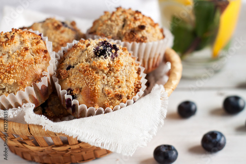 Blueberry muffins in wicker basket
