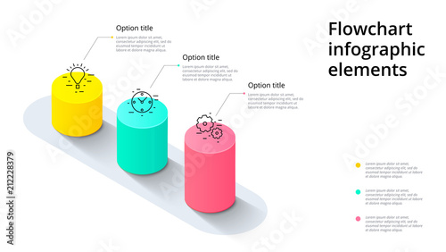 Business process chart infographics with 3 step segments. Cylindric 3d corporate timeline infograph elements. Company presentation slide template. Modern vector info graphic layout design.