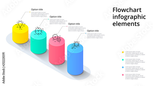 Business process chart infographics with 4 step segments. Cylindric 3d corporate timeline infograph elements. Company presentation slide template. Modern vector info graphic layout design.