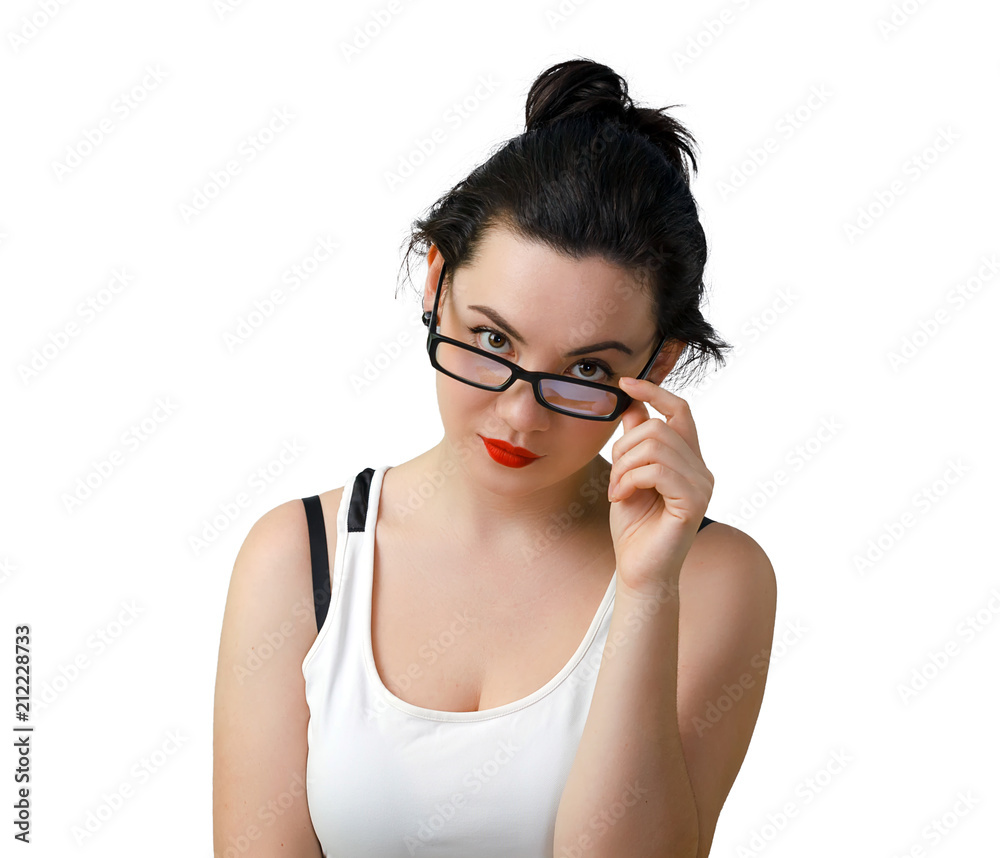 Portrait of a girl wearing a white shirt holding one-handed black glasses for reading. Isolated on white background