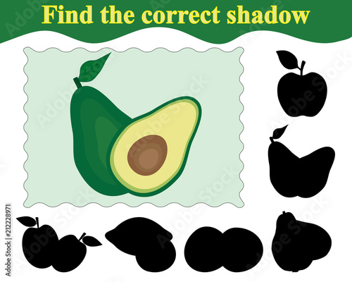 Find the correct shadow of avocado. Education. Game for children. Vector illustration