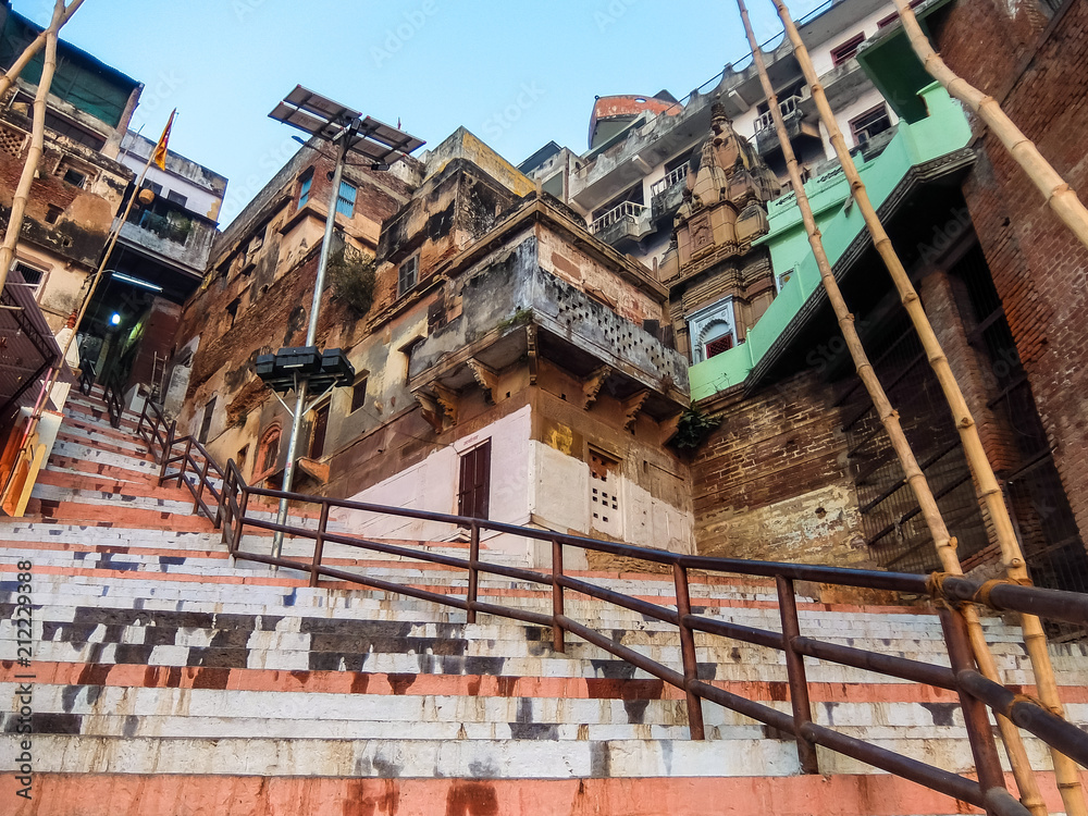 Varanasi, India. Empty stairway to the ghats in early morning.