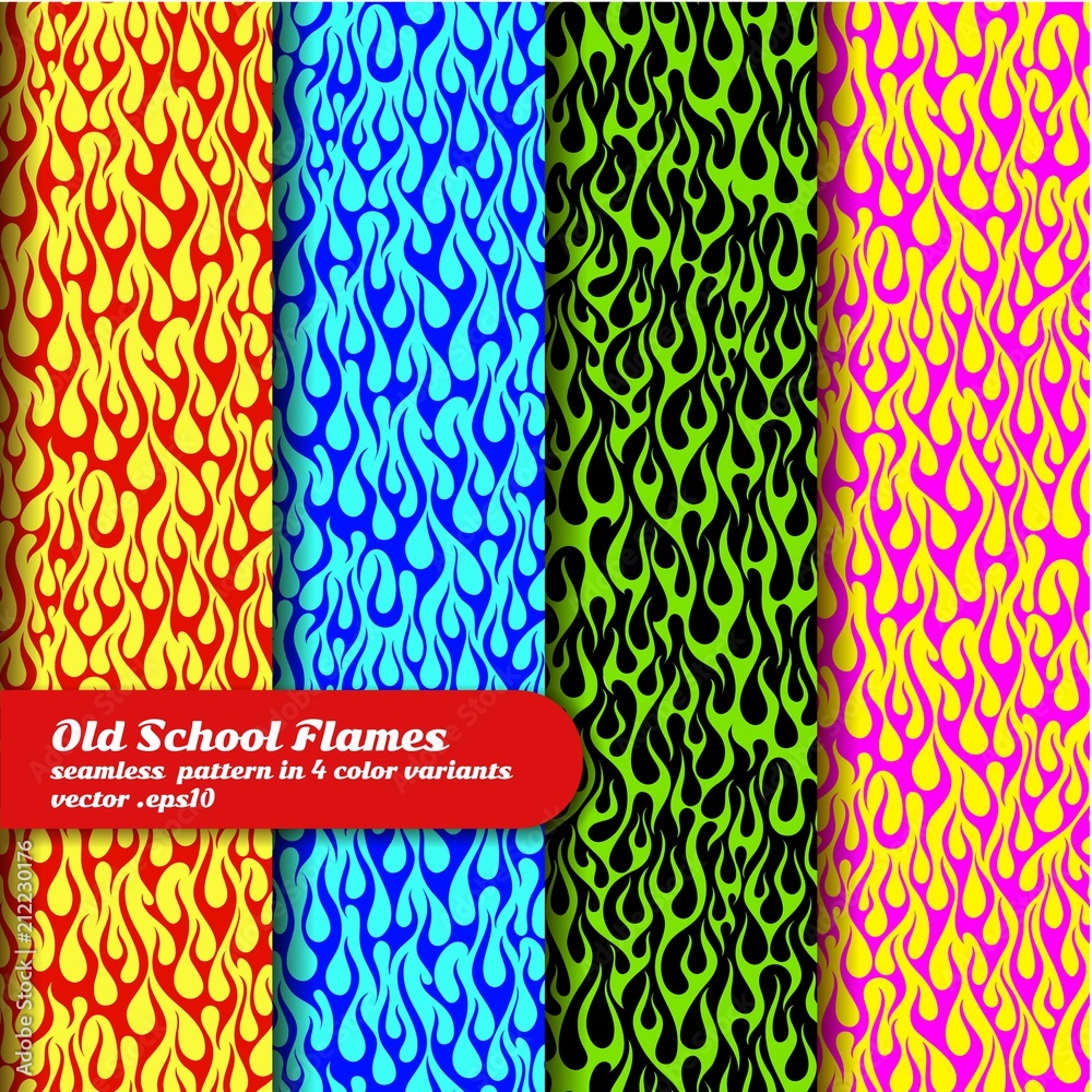 Flaming background in 4 color options, seamless vector pattern