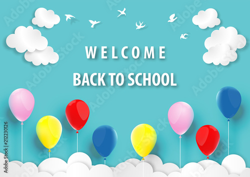 Back to school, paper art, balloon with blue sky background vector and illustration