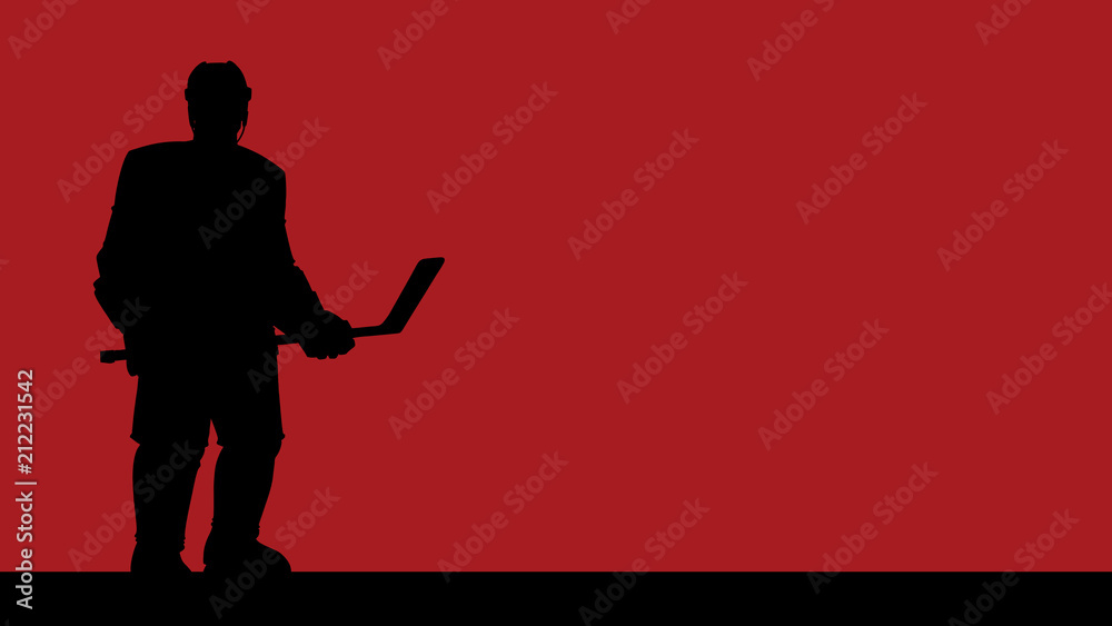Naklejka premium Hockey Player Silhouette Background / Cartoon background with silhouette of ice hockey player on ice hockey rink, and copy space for your text.