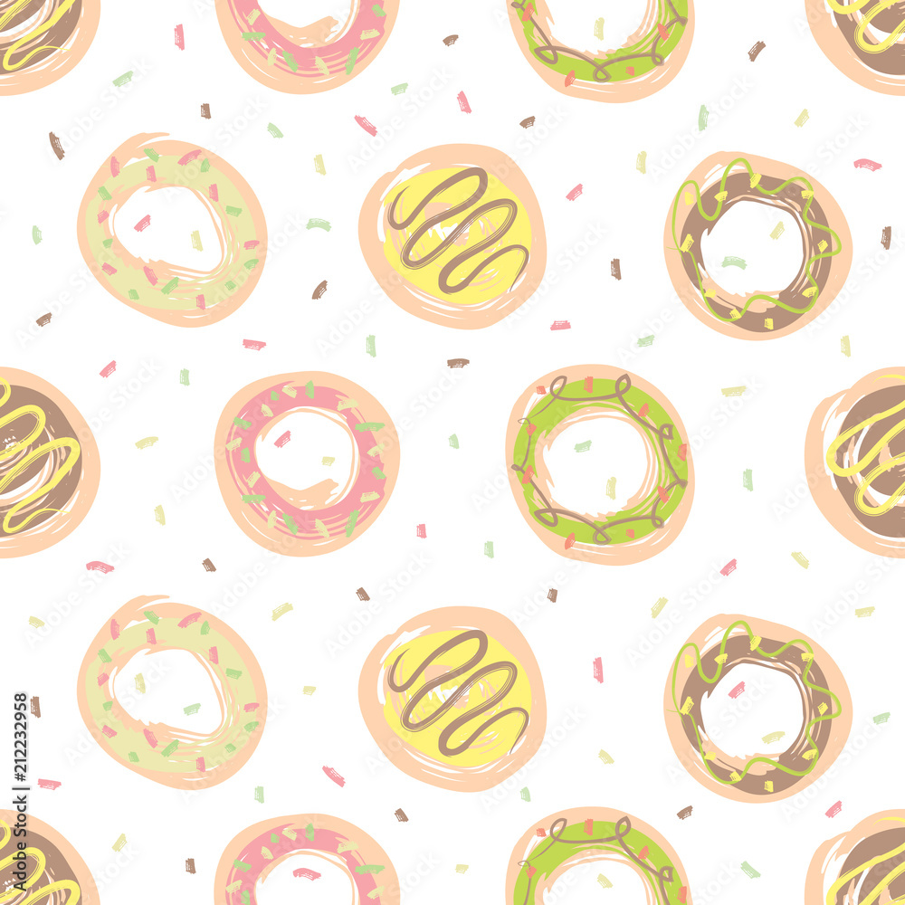 Seamless pattern with baking. Hand drawn sweet donuts with sprinkles on a transparent background. Seamless pattern with baking. Hand drawn sweet donuts with sprinkles on a transparent background.