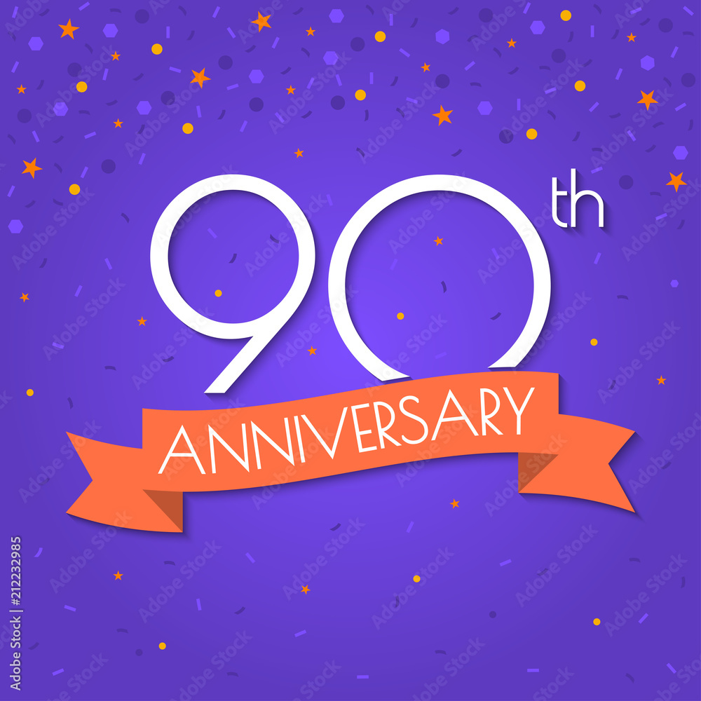 Naklejka premium 90 years anniversary logo isolated on confetti background. 90th anniversary banner with ribbon. Birthday, celebration, party, invitation card design element. Vector illustration.