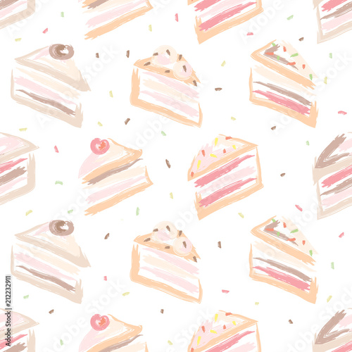 Seamless pattern with baking. Hand drawn cakes with sprinkles on a transparent background.