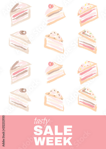 Poster with cakes and discount offer with inscription: 