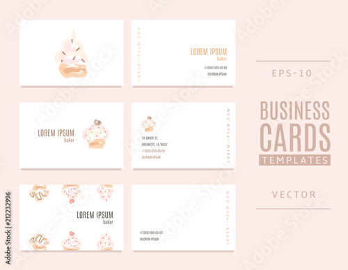 Business cards for bakers, shops and confectioneries with cakes.